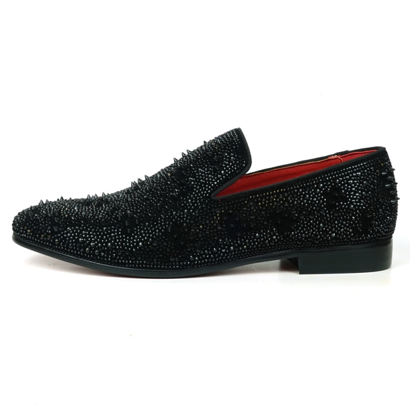 Fiesso FI-7516 Black Suede Rhinestones Spikes Slip on Loafers