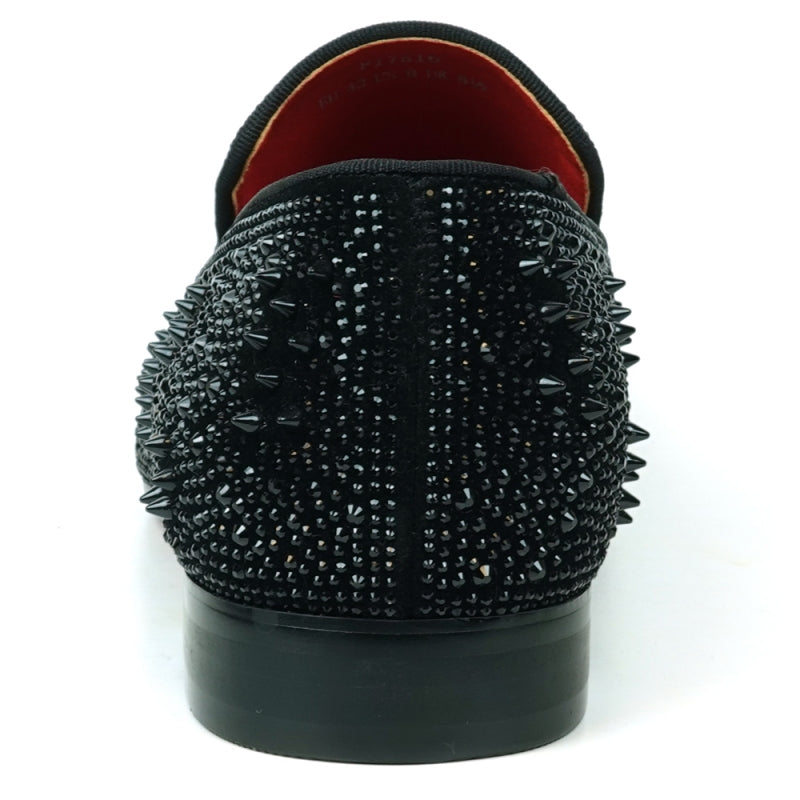 Fiesso FI-7516 Black Suede Rhinestones Spikes Slip on Loafers