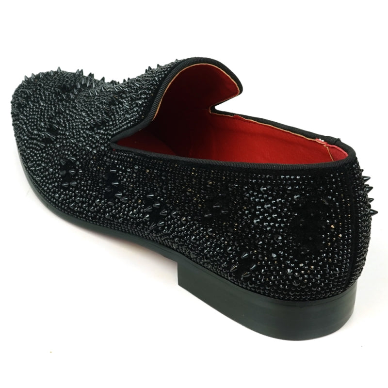 Fiesso FI-7516 Black Suede Rhinestones Spikes Slip on Loafers