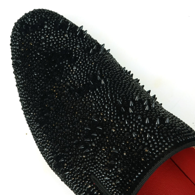 Fiesso FI-7516 Black Suede Rhinestones Spikes Slip on Loafers