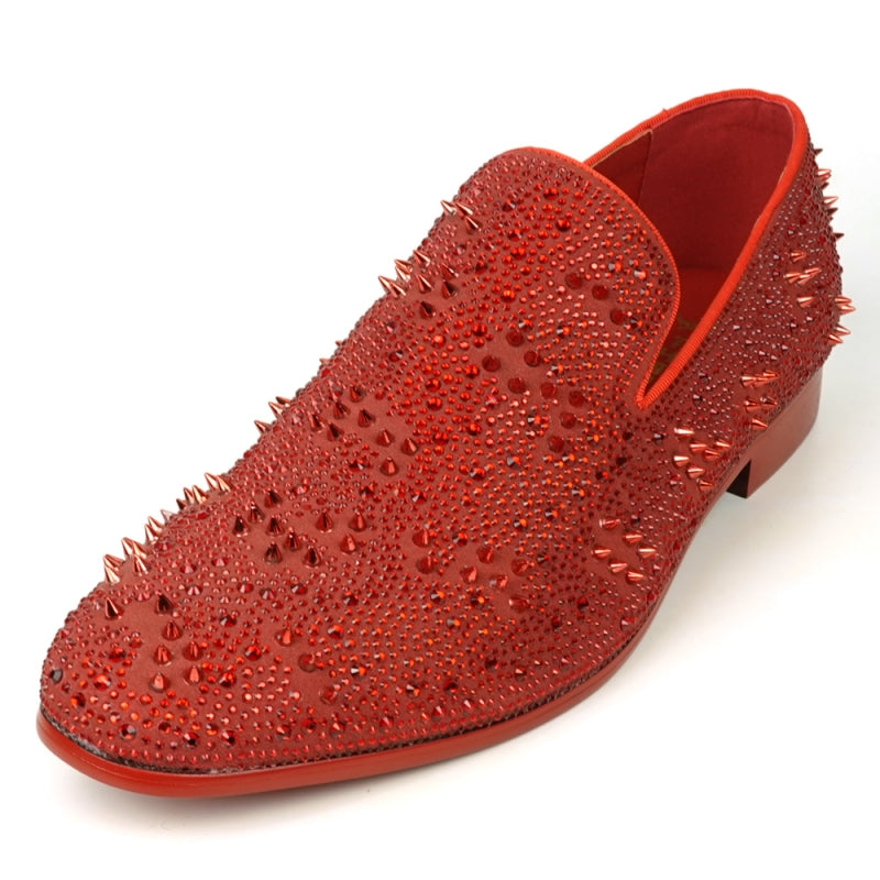 Fiesso FI-7516 Red Suede Rhinestones Spikes Slip on Loafers