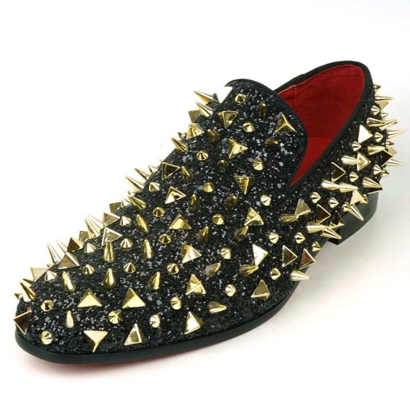 Fiesso FI-7517 Black Glitter Gold Spikes Slip on Loafers