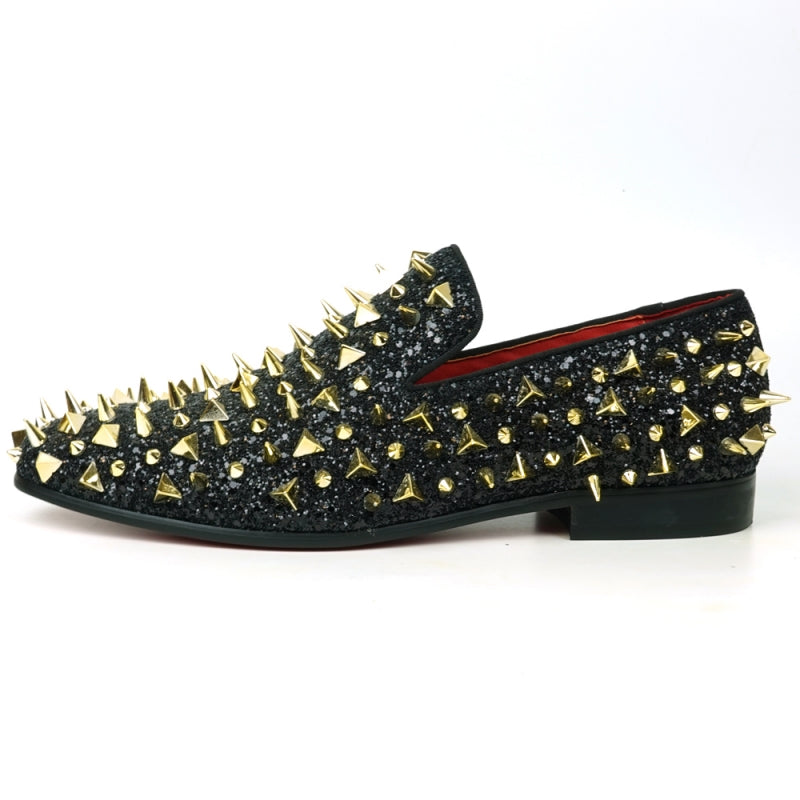 Fiesso FI-7517 Black Glitter Gold Spikes Slip on Loafers