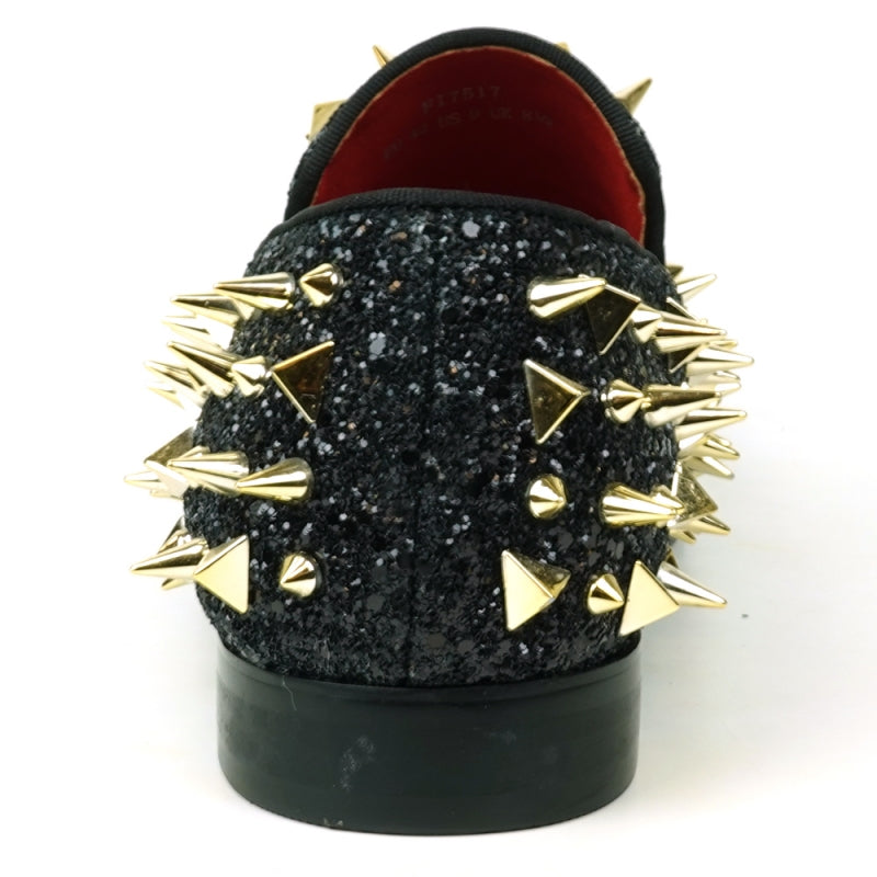 Fiesso FI-7517 Black Glitter Gold Spikes Slip on Loafers