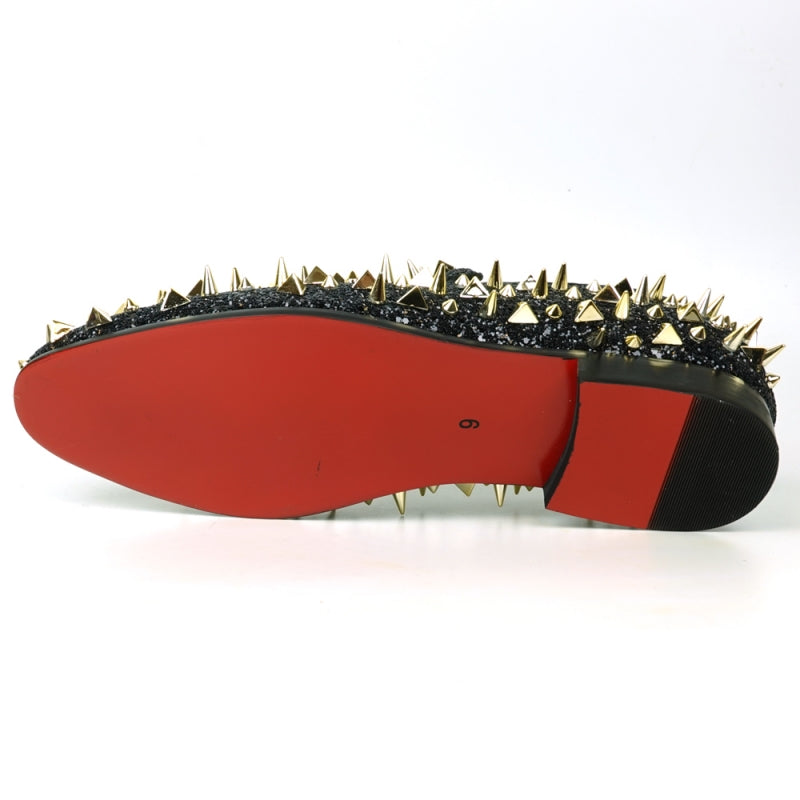 Fiesso FI-7517 Black Glitter Gold Spikes Slip on Loafers