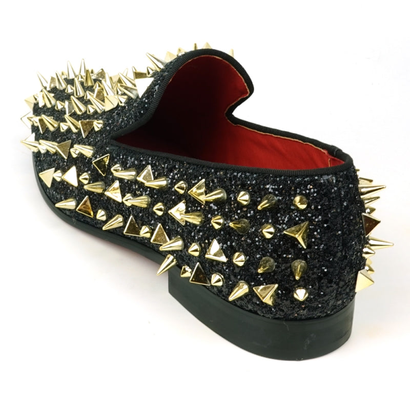 Fiesso FI-7517 Black Glitter Gold Spikes Slip on Loafers