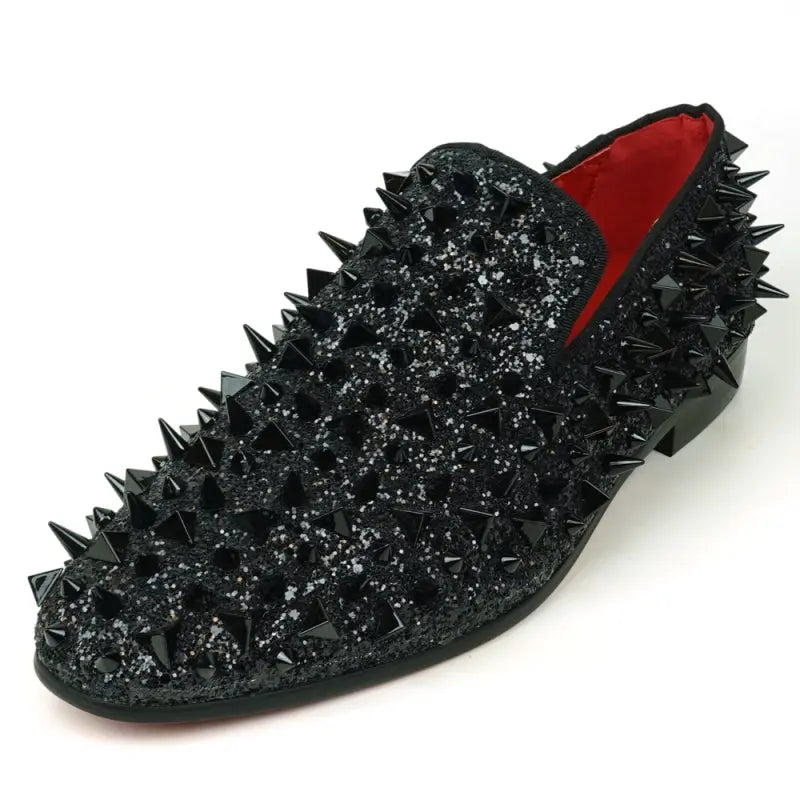 Fiesso FI-7517 Black Glitter Black Spikes Slip on Loafers