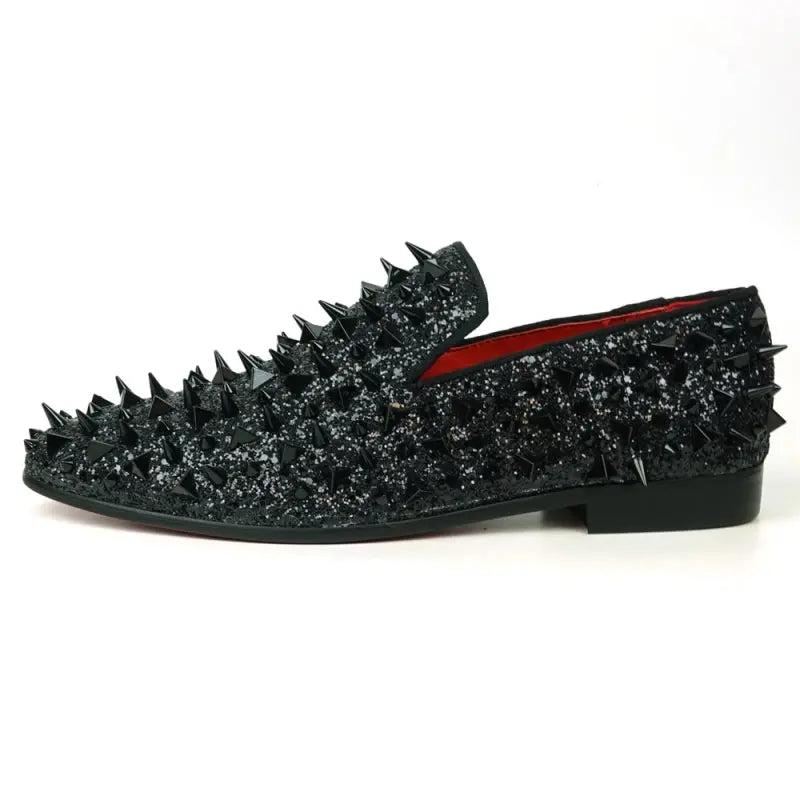 Fiesso FI-7517 Black Glitter Black Spikes Slip on Loafers