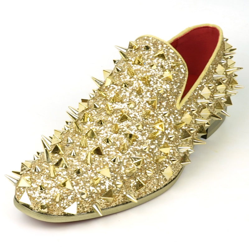 Fiesso FI-7517 Gold Glitter Gold Spikes Slip on Loafers