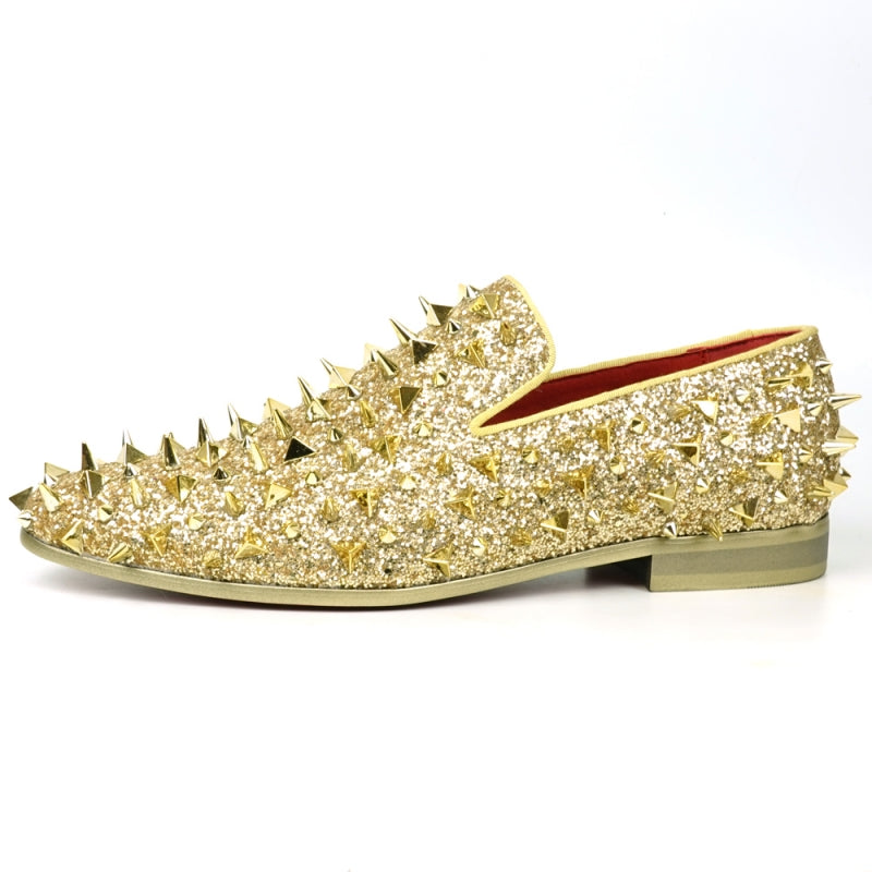 Fiesso FI-7517 Gold Glitter Gold Spikes Slip on Loafers