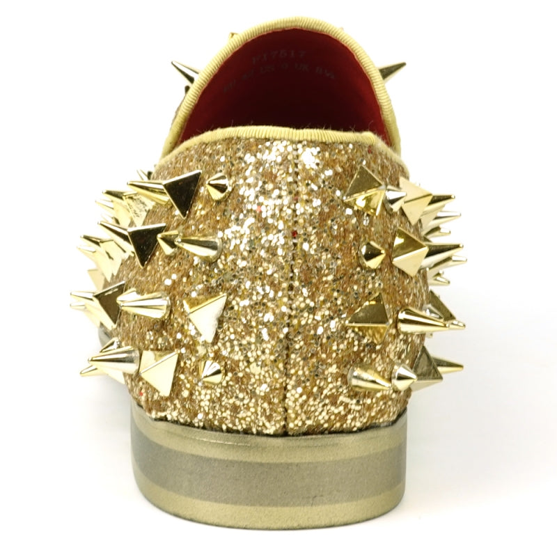 Fiesso FI-7517 Gold Glitter Gold Spikes Slip on Loafers