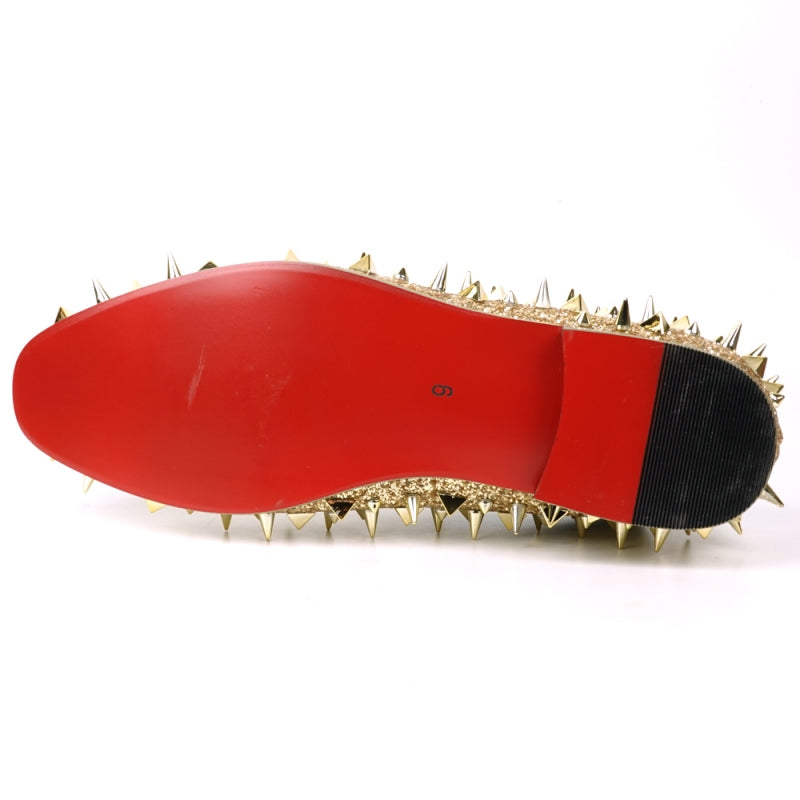 Fiesso FI-7517 Gold Glitter Gold Spikes Slip on Loafers