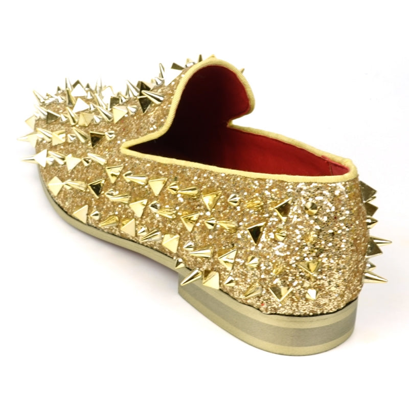 Fiesso FI-7517 Gold Glitter Gold Spikes Slip on Loafers