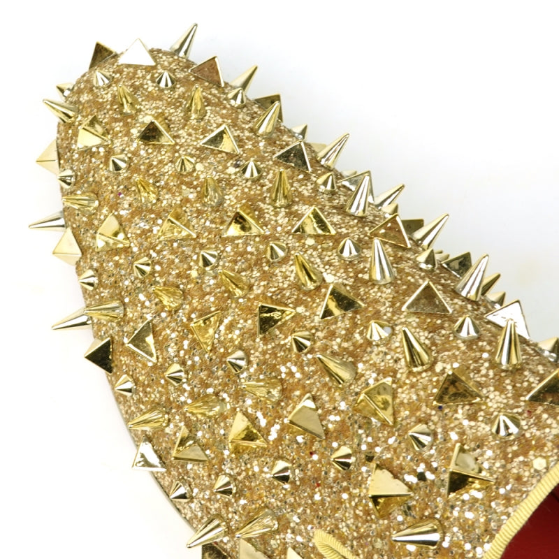 Fiesso FI-7517 Gold Glitter Gold Spikes Slip on Loafers