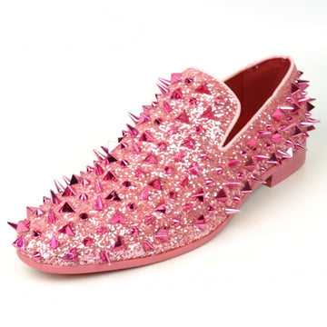 Fiesso FI-7517 Pink Glitter Pink Spikes Slip on Loafers