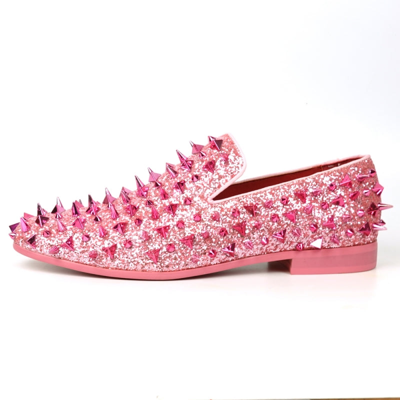 Fiesso FI-7517 Pink Glitter Pink Spikes Slip on Loafers