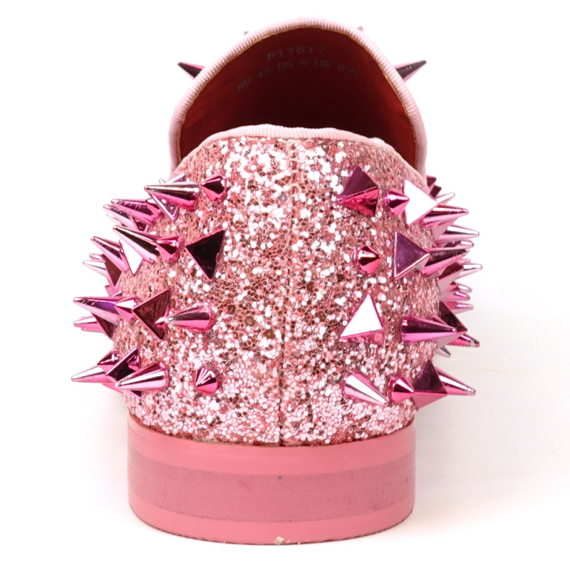 Fiesso FI-7517 Pink Glitter Pink Spikes Slip on Loafers