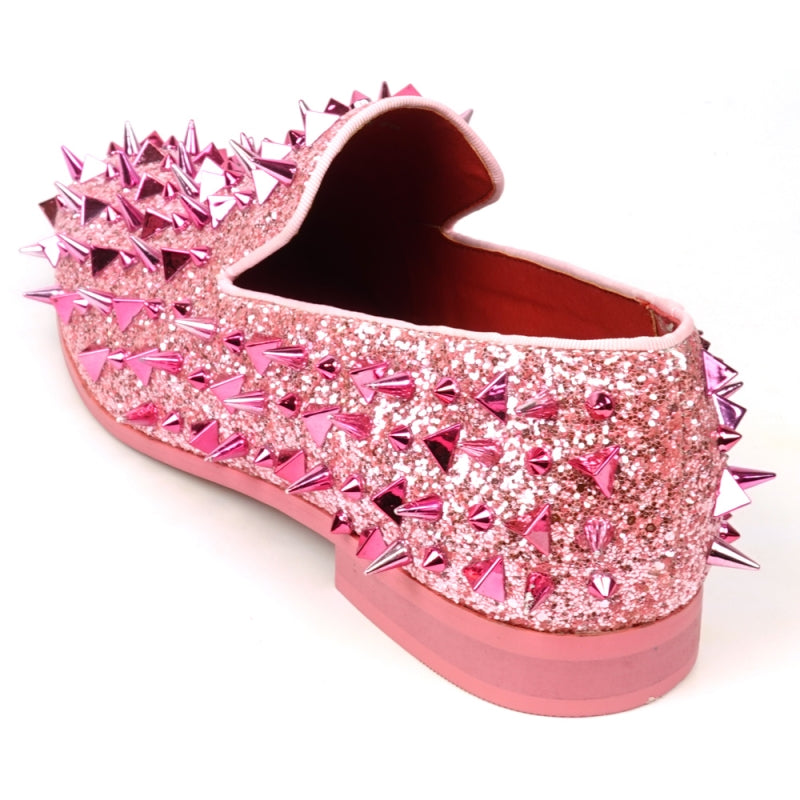 Fiesso FI-7517 Pink Glitter Pink Spikes Slip on Loafers