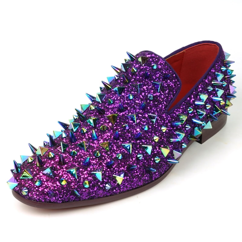 Fiesso FI-7517 Purple Glitter Purple Spikes Slip on Loafers