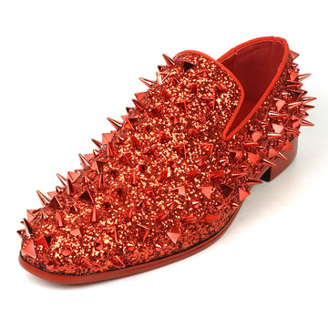 Fiesso FI-7517 Red Glitter Red Spikes Slip on Loafers