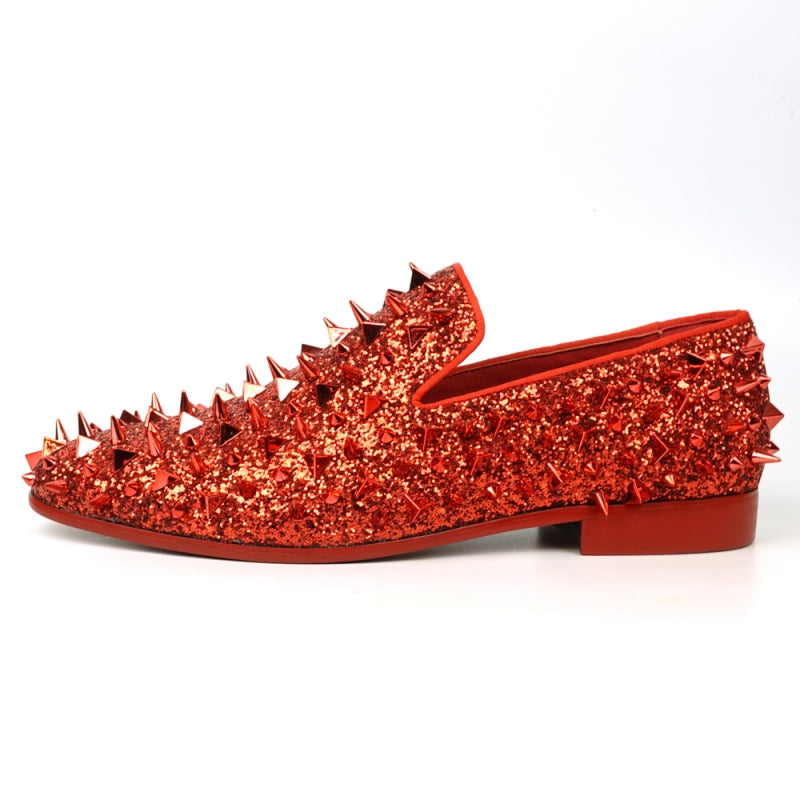 Fiesso FI-7517 Red Glitter Red Spikes Slip on Loafers