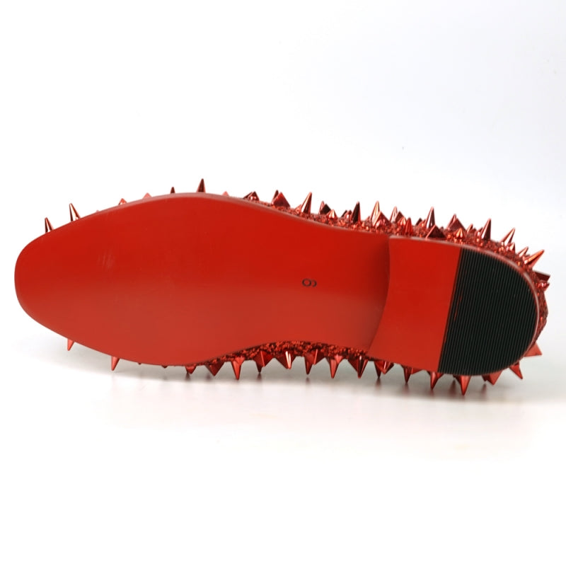 Fiesso FI-7517 Red Glitter Red Spikes Slip on Loafers