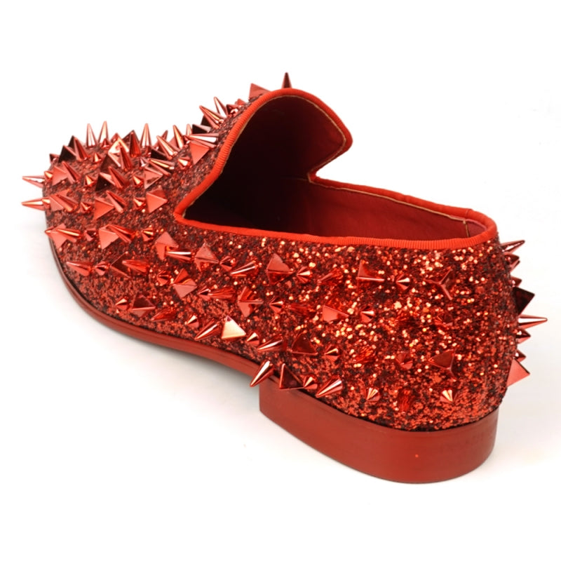 Fiesso FI-7517 Red Glitter Red Spikes Slip on Loafers