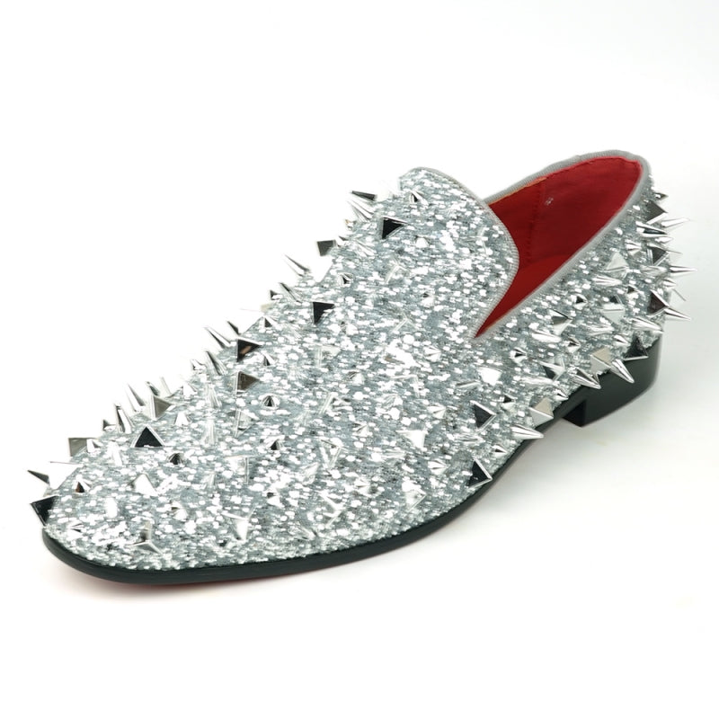 Fiesso FI-7517 Silver Glitter Silver Spikes Slip on Loafers