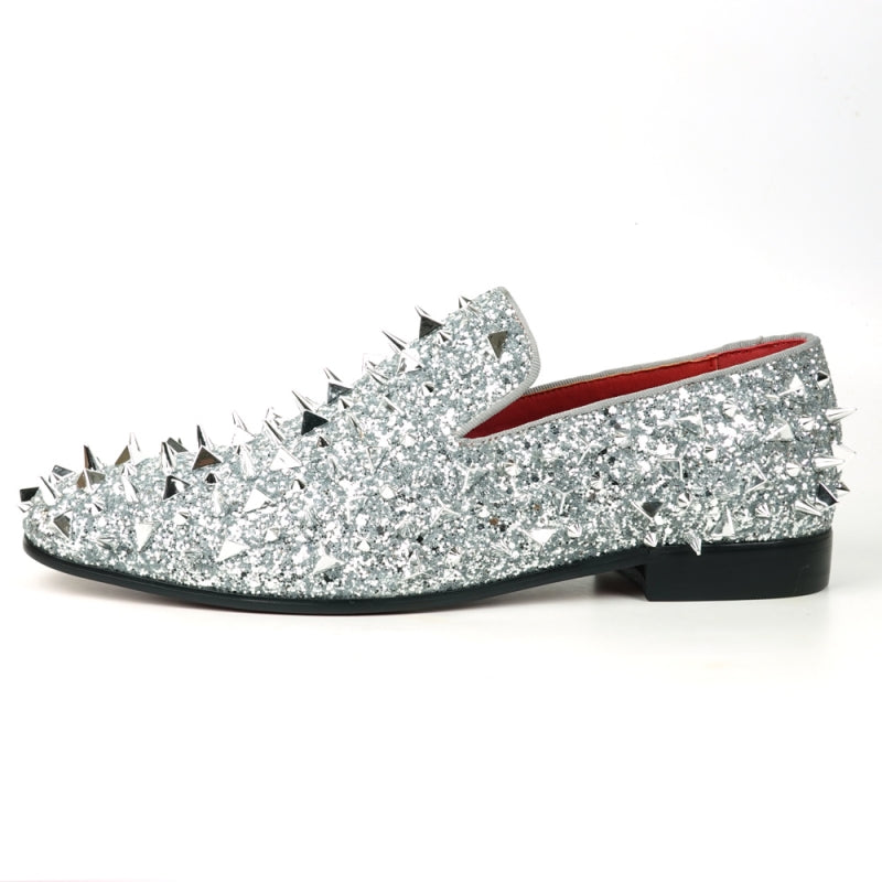 Fiesso FI-7517 Silver Glitter Silver Spikes Slip on Loafers