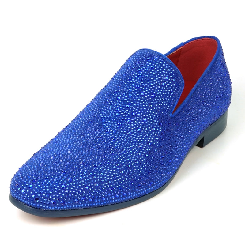 Fiesso FI-7525 Blue Suede Blue Rhinestones Slip on Loafers