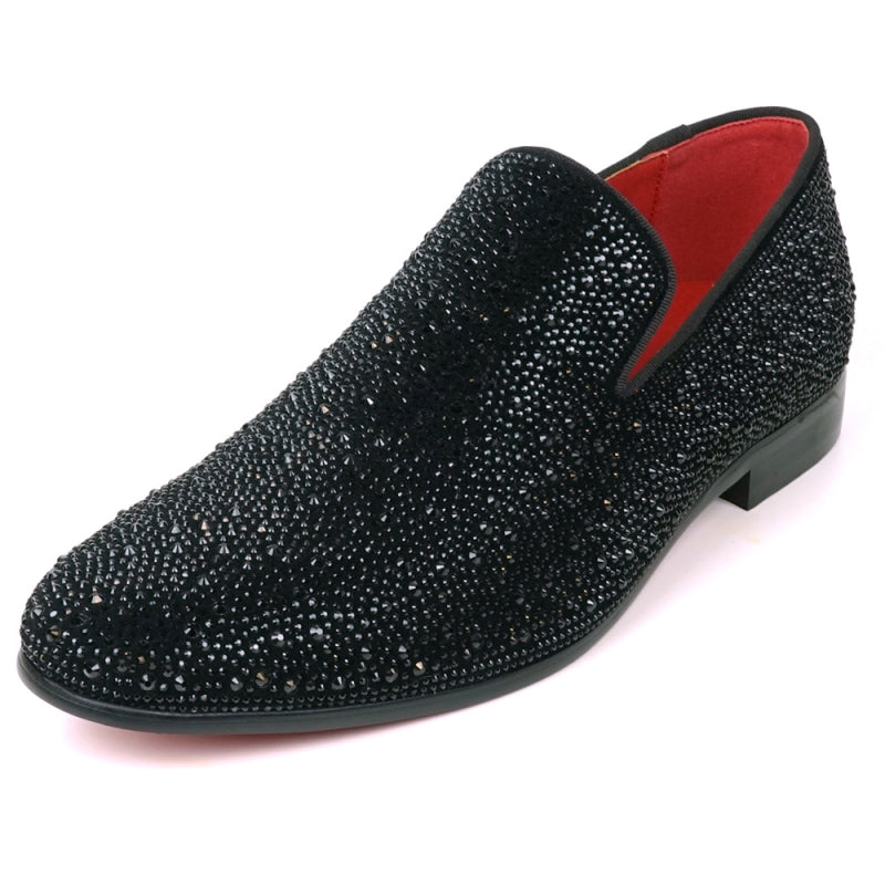 Fiesso FI-7525 Black Suede Black Rhinestones Slip on Loafers