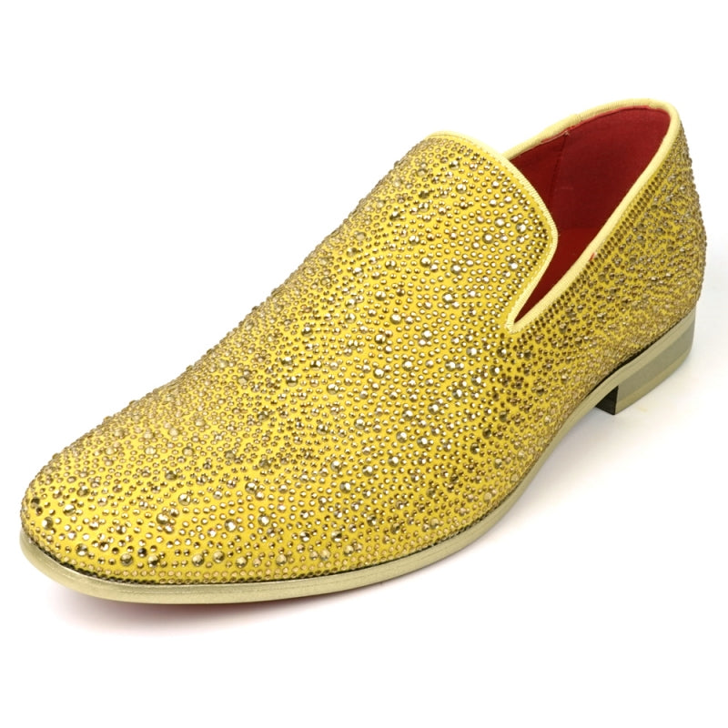 Fiesso FI-7525 Gold Suede Gold Rhinestones Slip on Loafers