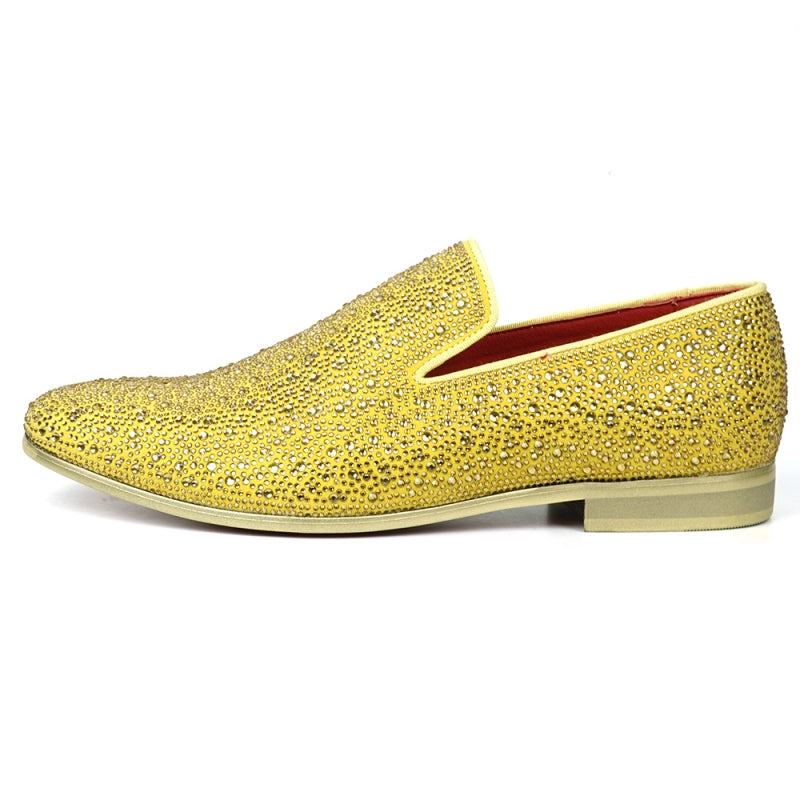 Fiesso FI-7525 Gold Suede Gold Rhinestones Slip on Loafers