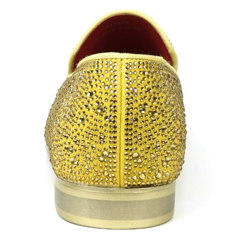 Fiesso FI-7525 Gold Suede Gold Rhinestones Slip on Loafers