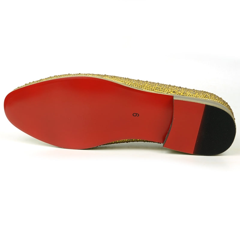 Fiesso FI-7525 Gold Suede Gold Rhinestones Slip on Loafers