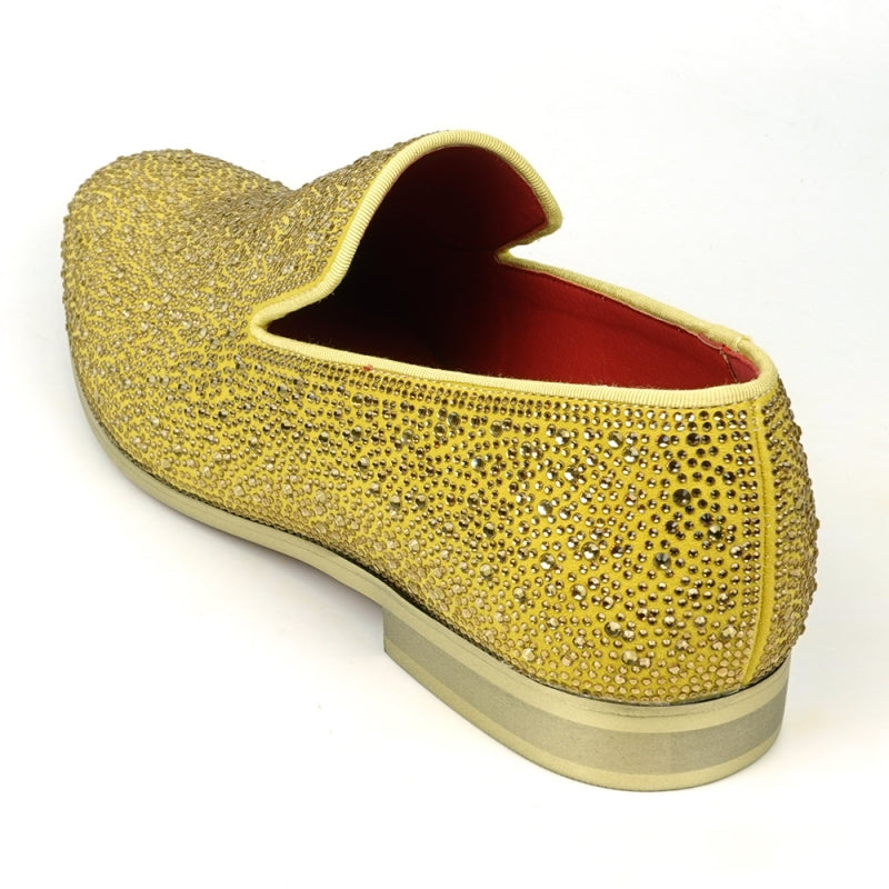 Fiesso FI-7525 Gold Suede Gold Rhinestones Slip on Loafers