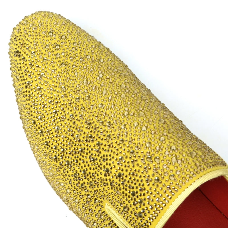 Fiesso FI-7525 Gold Suede Gold Rhinestones Slip on Loafers