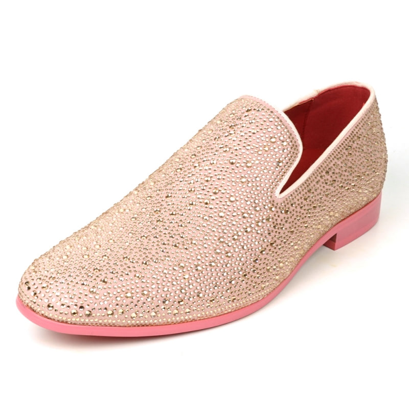 Fiesso FI-7525 Pink Suede Pink Rhinestones Slip on Loafers