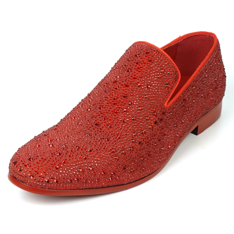 Fiesso FI-7525 Red Suede Red Rhinestones Slip on Loafers