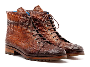 Paul Parkman Men's Brown Crocodile Embossed Genuine Leather Boots (ID#12811-BRW) PAUL PARKMAN