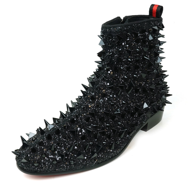 Fiesso FI-7527 Black Glitter Black Spikes Encore Boots