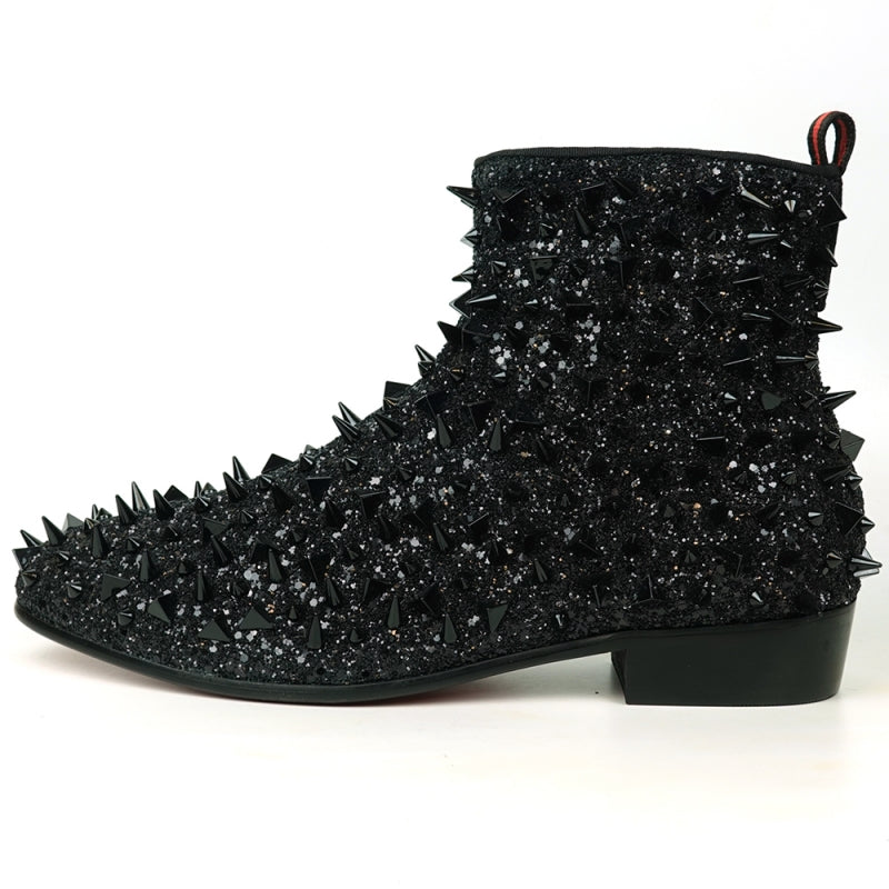 Fiesso FI-7527 Black Glitter Black Spikes Encore Boots