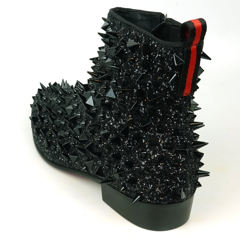 Fiesso FI-7527 Black Glitter Black Spikes Encore Boots