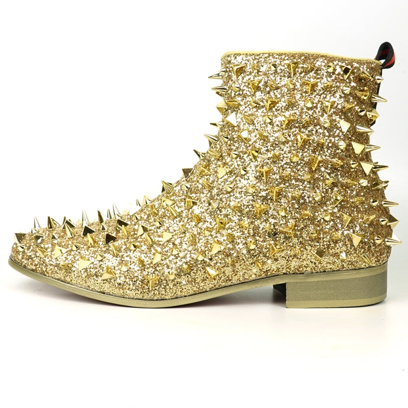 Fiesso FI-7527 Gold Glitter Gold Spikes Encore Boots