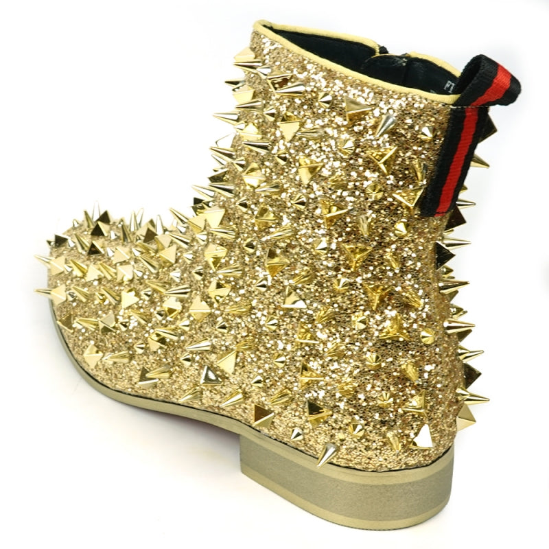 Fiesso FI-7527 Gold Glitter Gold Spikes Encore Boots