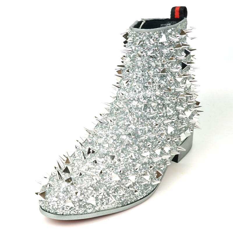 Fiesso FI-7527 Silver Glitter Silver Spikes Encore Boots