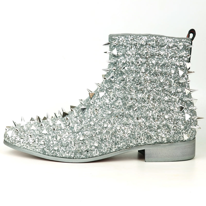 Fiesso FI-7527 Silver Glitter Silver Spikes Encore Boots