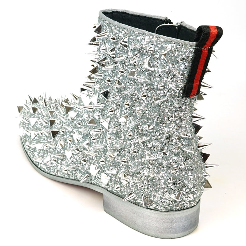 Fiesso FI-7527 Silver Glitter Silver Spikes Encore Boots