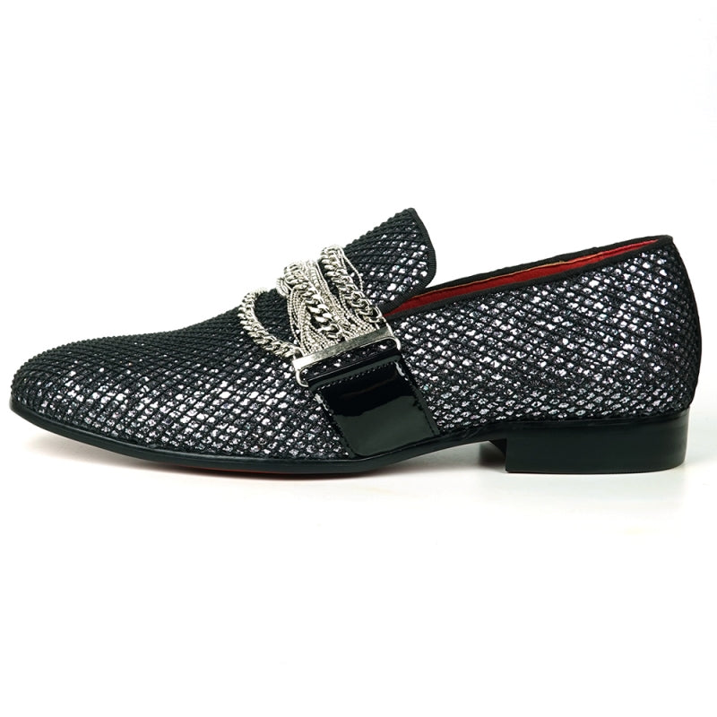 Fiesso FI-7528 Black Silver Slip on With Silver Chain Encore Loafers