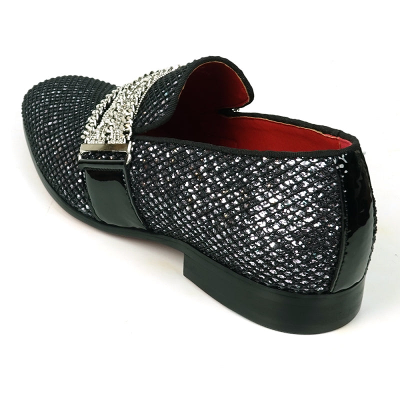 Fiesso FI-7528 Black Silver Slip on With Silver Chain Encore Loafers